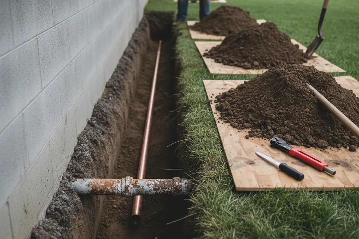 Excavated water line trench during Sewer Line Repair in Atlantic Beach